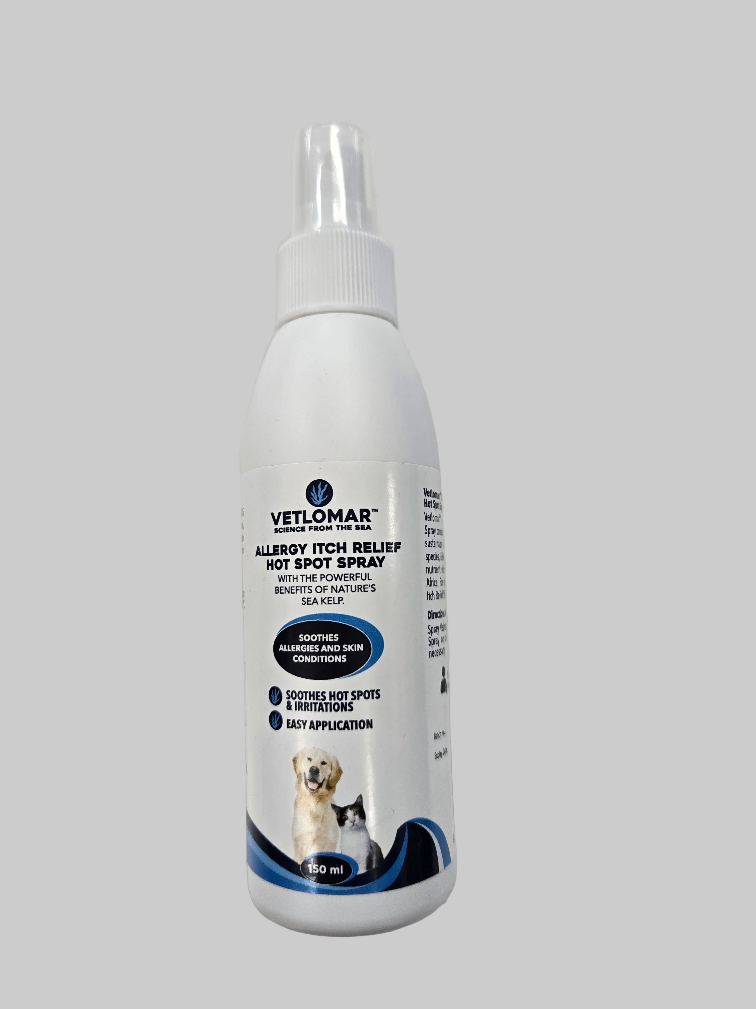 Pet allergy relief spray bottle on a white background